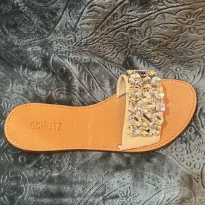 SCHUTZ Tan Sandals with Open Toe and Crystal Accents